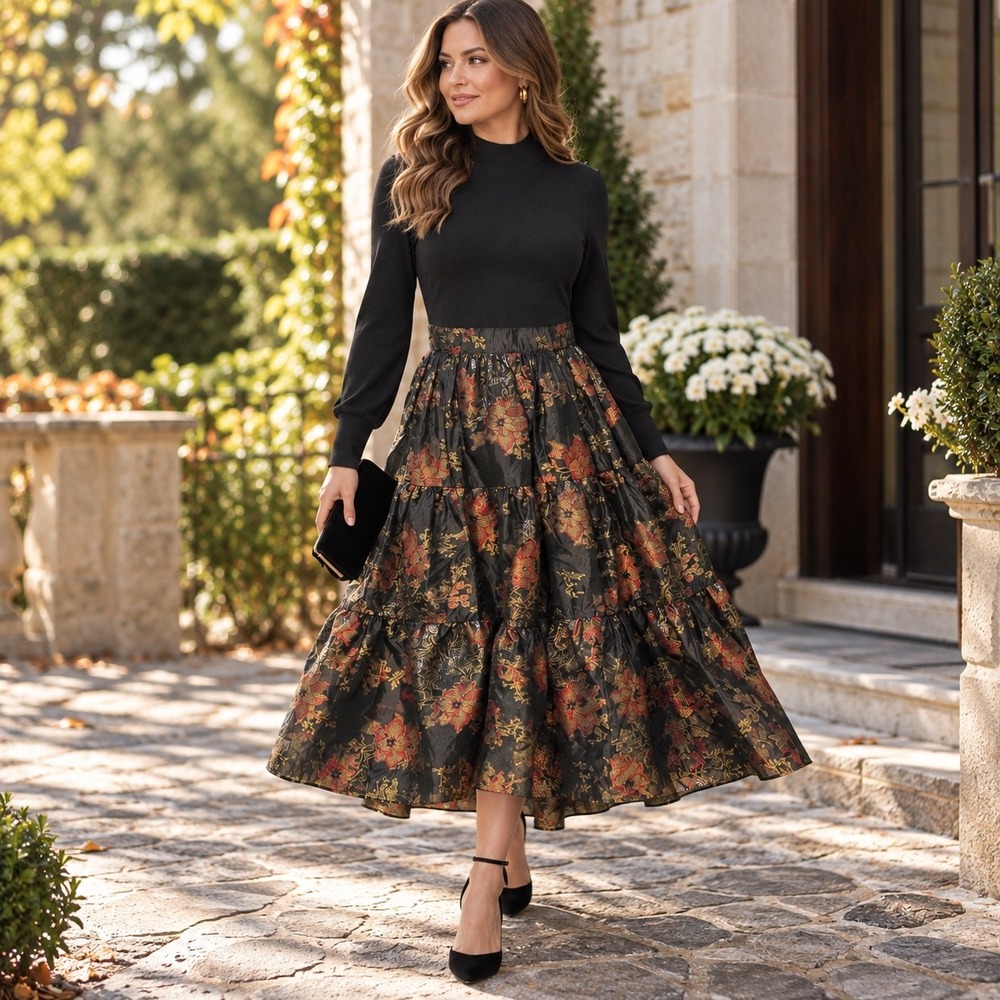 Ted Baker Audria Black Metallic Floral Tiered Jacquard Midi Dress Size 3 NWT